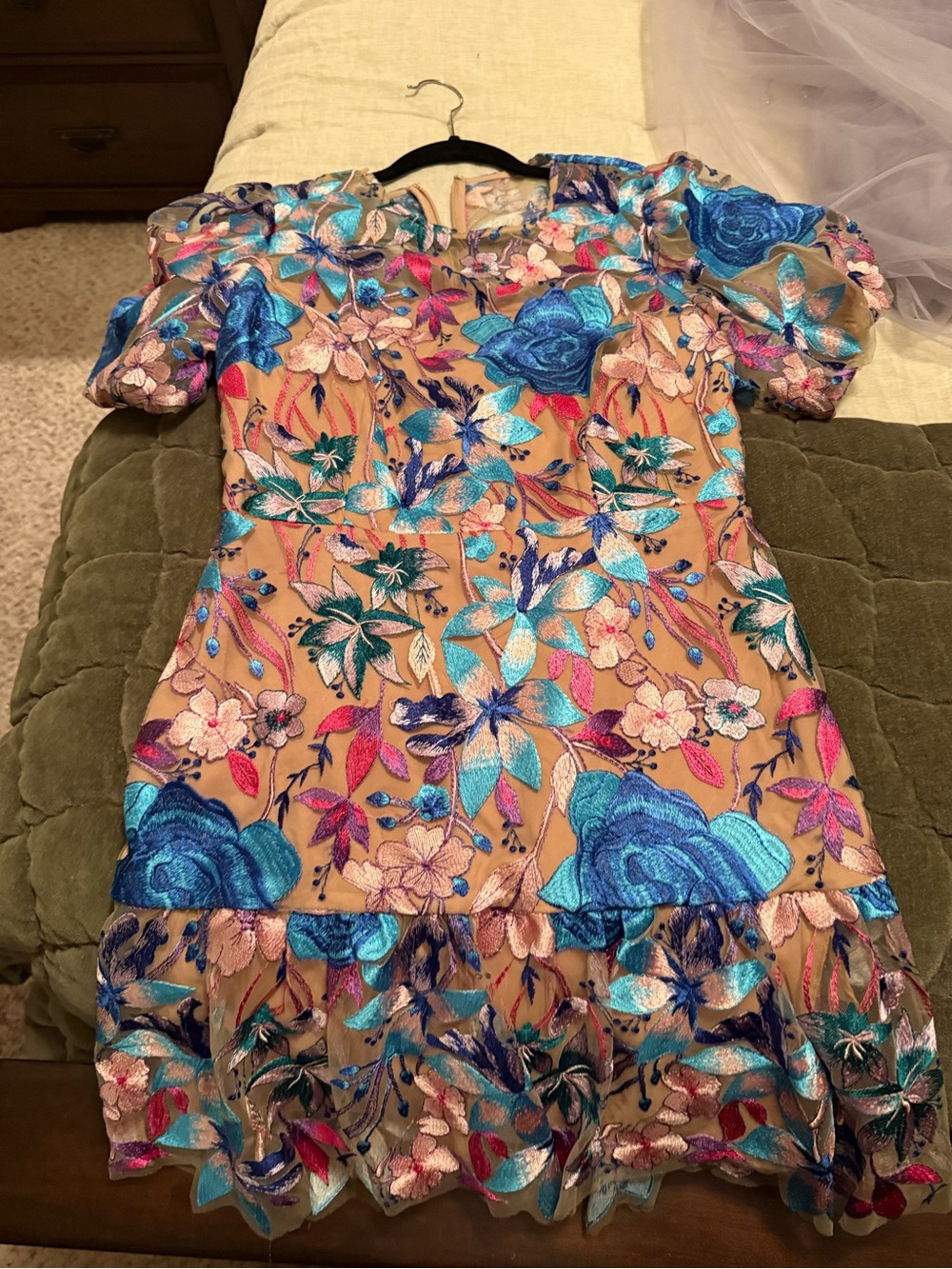 Milly Floral Embroidered Tan Dress with Blue Accents